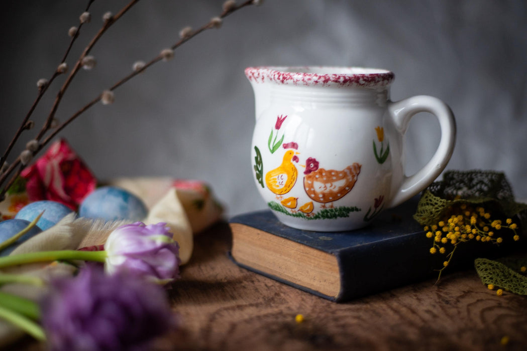 Easter table serving with Chicken Rooster Art, Vintage Ceramic Pitcher, Rustic, Farmhouse Kitchen