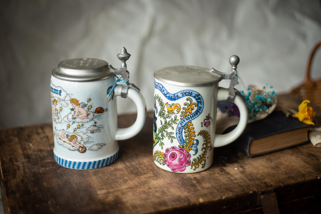 Vintage German Ceramic Beer Steins with Pewter Lids Folk Art Barware