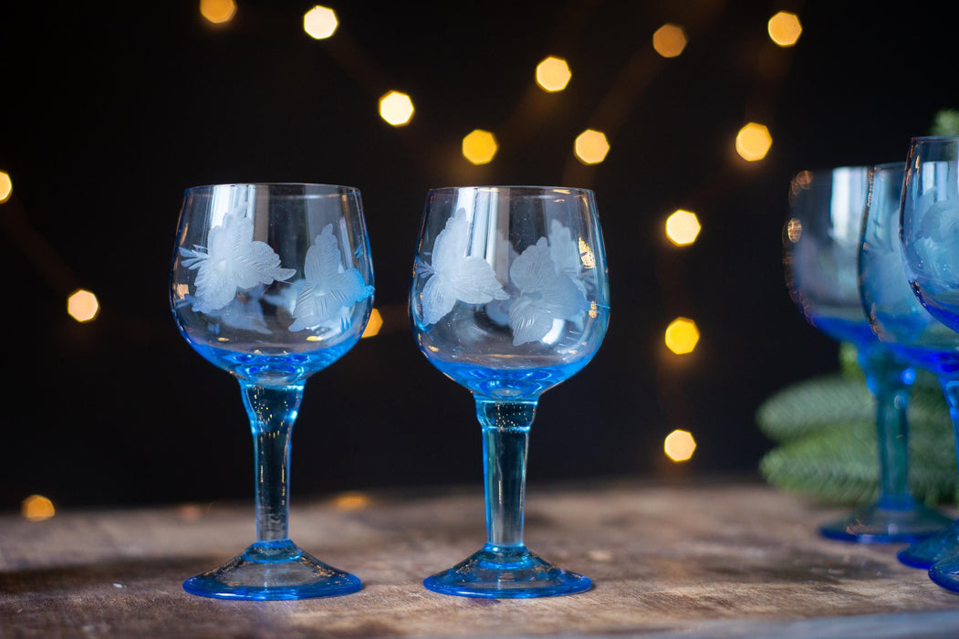 Vintage Blue Glass Drinkware Set with Pitcher, Wine Glasses, Water Tumblers & Candy Bowl, 1970s
