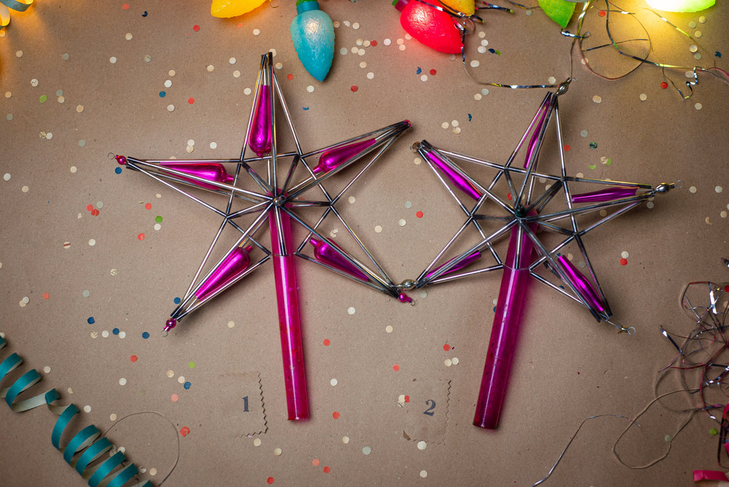 Vintage Christmas tree topper, Silver pink glass bugle star, Beaded Xmas tree ornaments