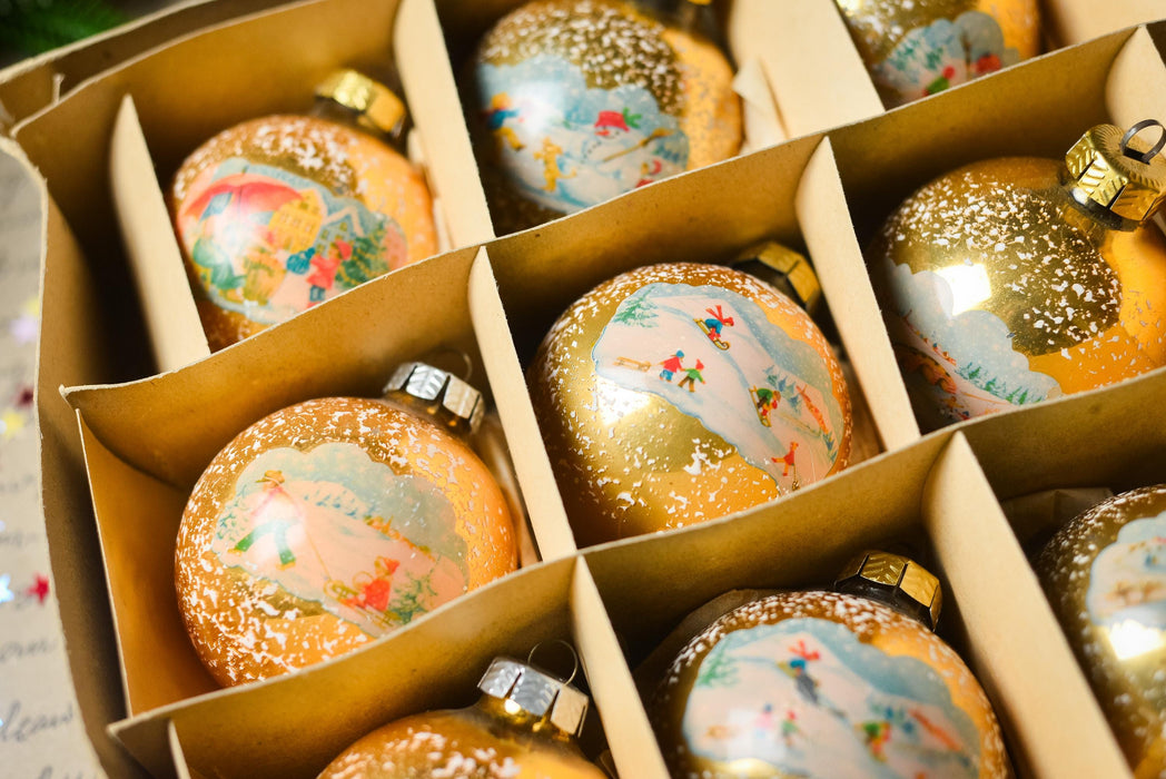 Vintage Glass Ornaments – Set of 12 Gold Christmas Baubles with Snowy Winter Scenes
