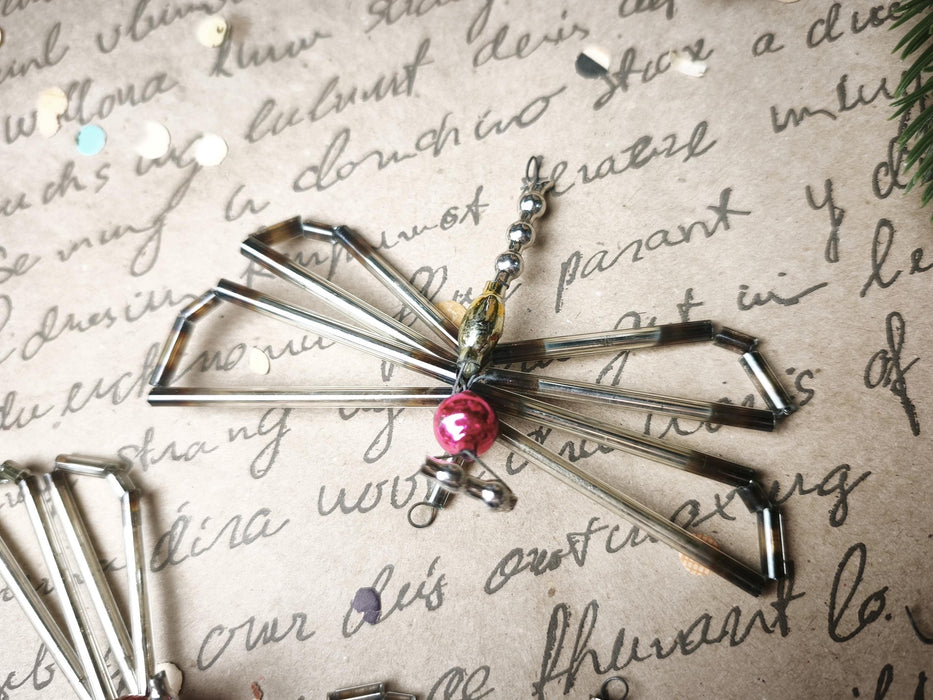 Vintage Glass Butterfly Ornament, 1950s-60s Beaded Montage, 10 Cm