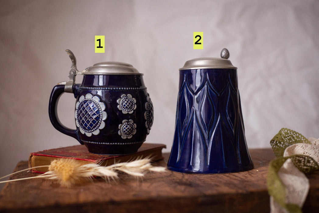 Vintage Cobalt Blue Beer Stein Bavarian Ceramic Mug with Lid