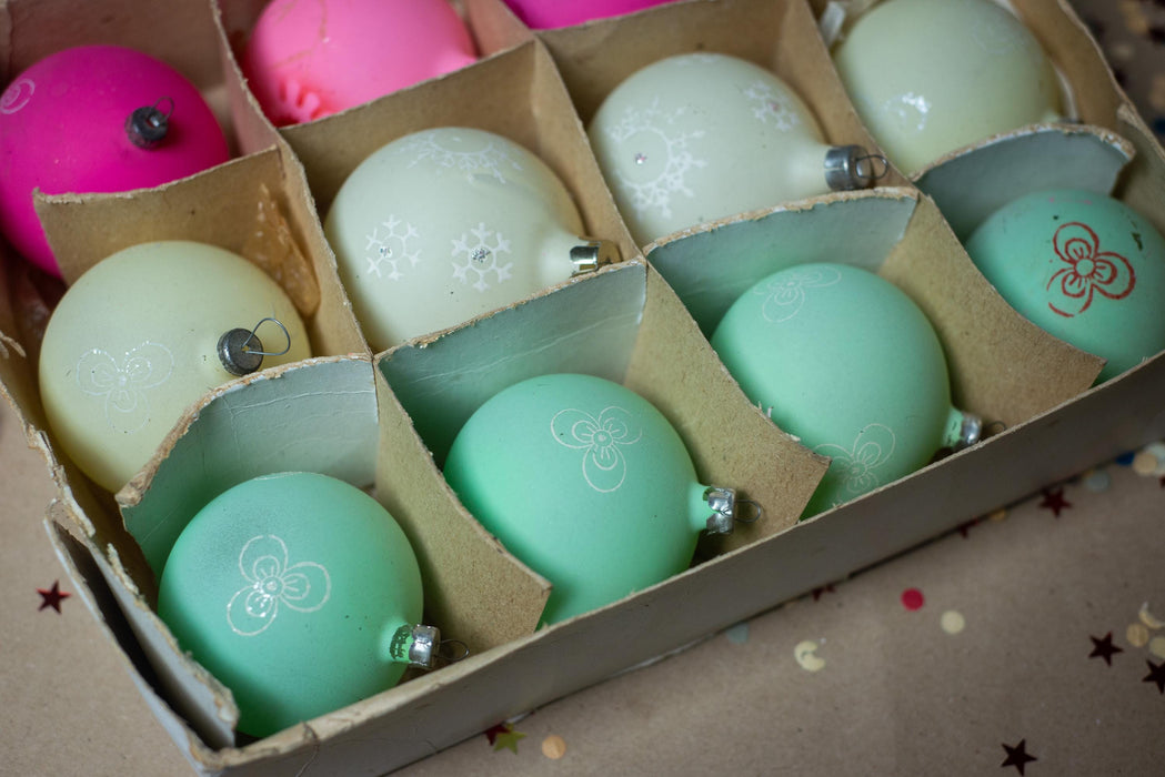 Vintage Christmas Baubles - Set of 12 Handpainted Glass Ornaments in Original Box