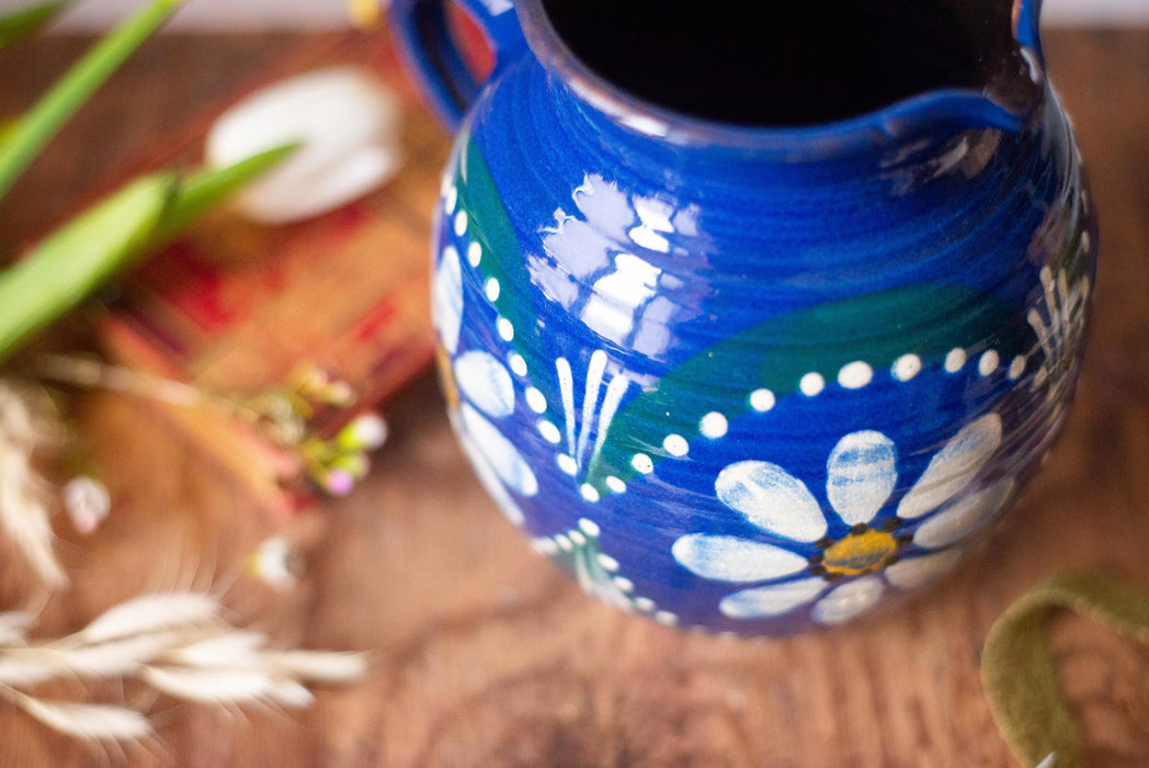Blue Ceramic Pitcher with Daisies – Rustic German Farmhouse Jug