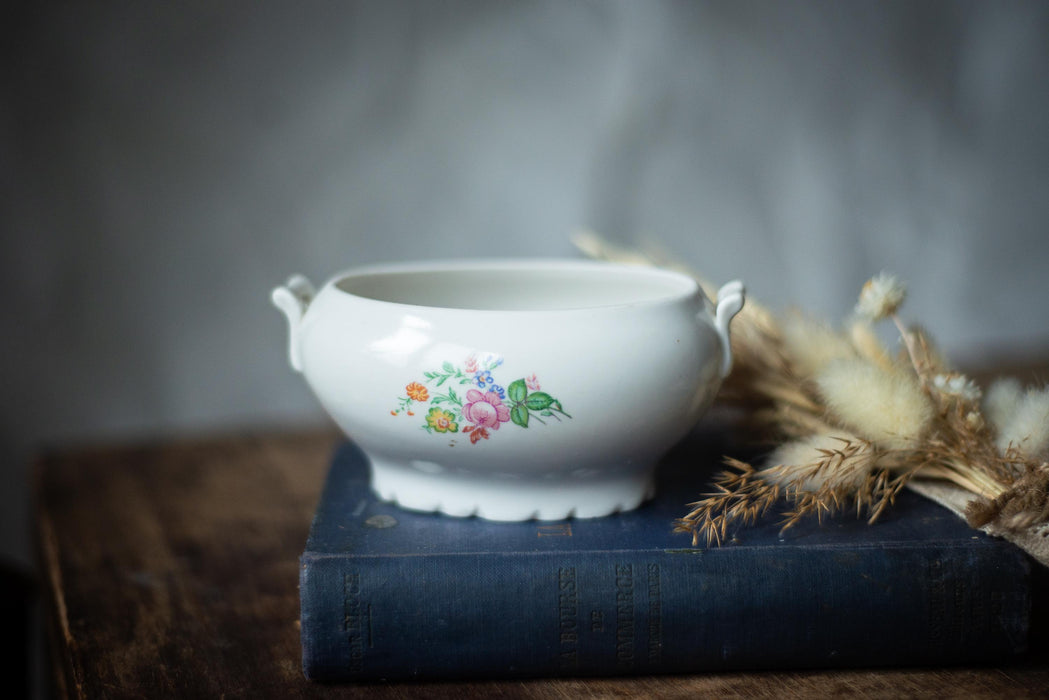Vintage Porcelain Gravy Boat, White Sauce Dish, Floral Design Tableware