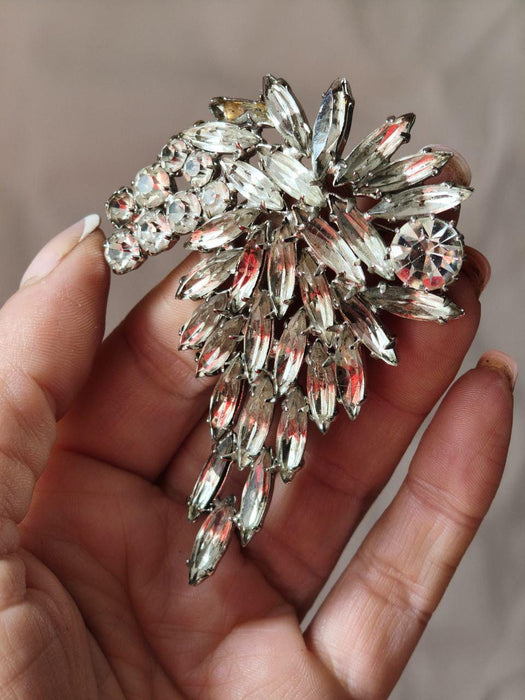 Vintage Rhinestone Brooch 1970s, Silver Tone Statement Pin with Clear Crystals