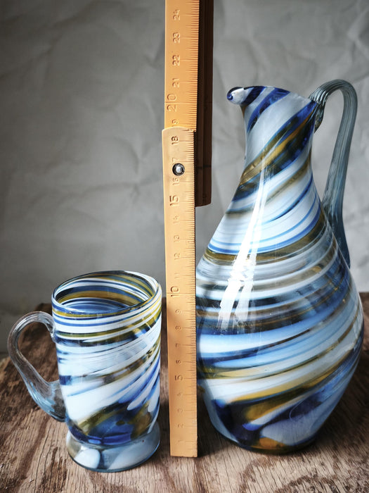 Murano-Style Blue Glass Pitcher and Mug Sets