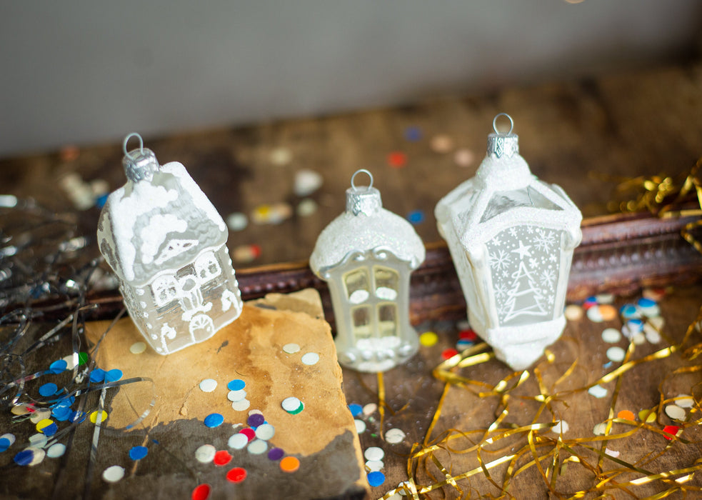 Frosted Glass House Ornament, White Winter Village