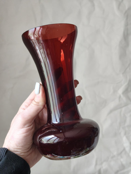 Wine Red Glass Vase Mid Century, Retro Bud Vase Aesthetic Decor