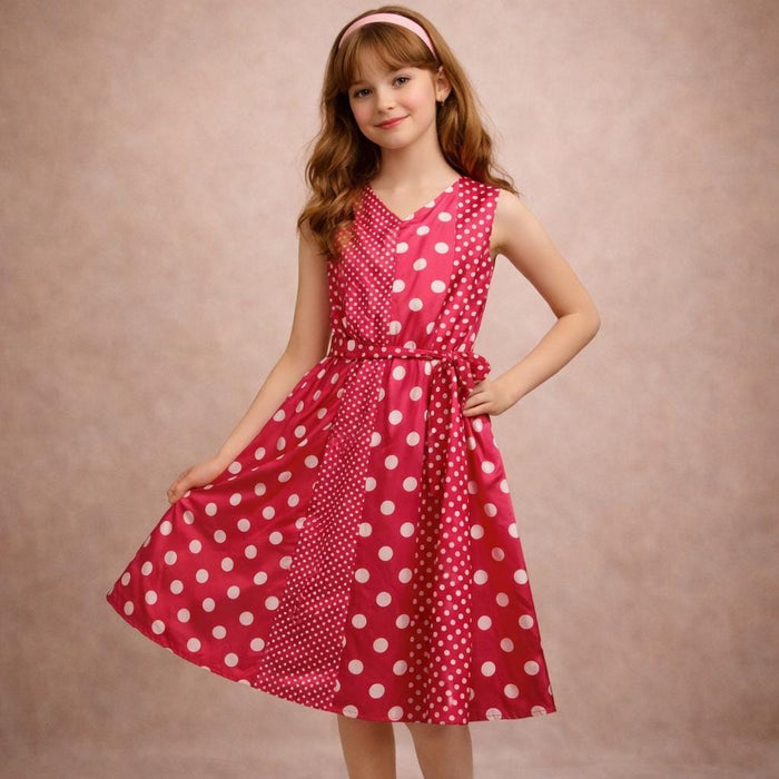 Vintage Pink Dress - Girls Knee Length Holiday Polka Dot Dress in Fuchsia Silk