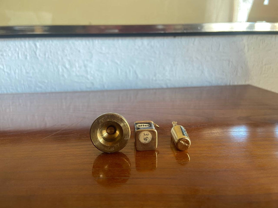 Vintage Brass Kitchen Miniature Set, Dollhouse Clock Coffee Tin and Bottle