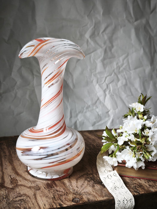 Murano Style Swirl Glass Vase, Hand Blown White Orange Mid Century Decor