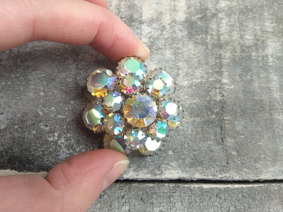 Vintage Rhinestone Flower Brooch, Round Sparkling Pin 1970s Jewelry