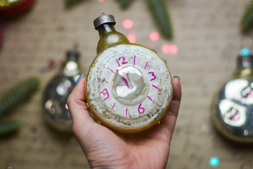 Vintage Clock Glass Christmas Ornament, Retro Holiday