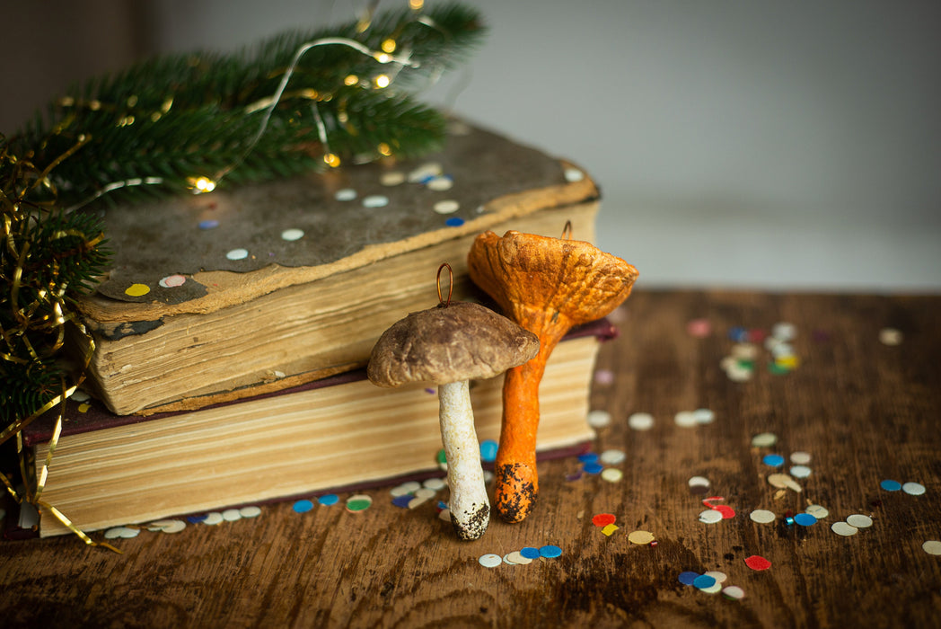 Mushroom spun cotton ornaments, Chanterelle mushroom, Xmas tree accents