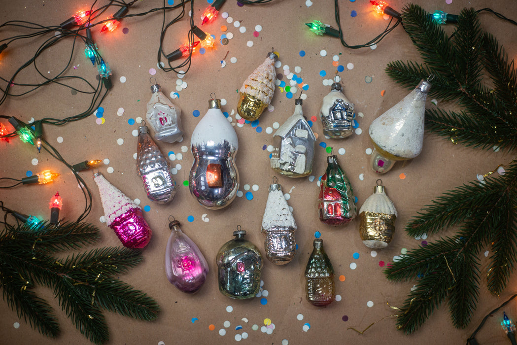 Vintage Glass House Ornaments, Cottage Christmas Tree