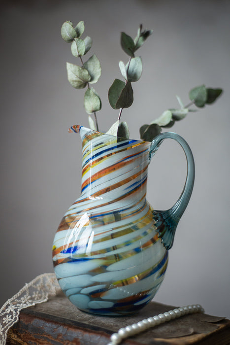 Vintage pitcher with handle, Water milk jug, Murano glass flower vase, Vintage glassware, Collectible glass