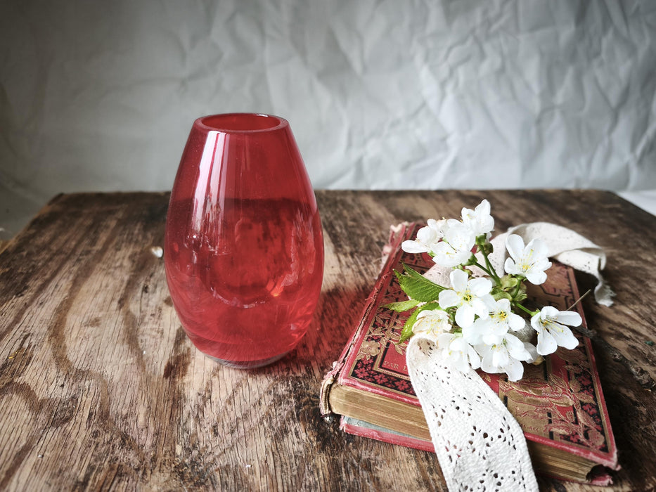 Red Glass Vase Mid Century, Small Retro Bud Vase Aesthetic Decor