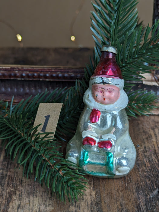 Vintage Glass Sledding Boy Ornament, Soviet 1960s