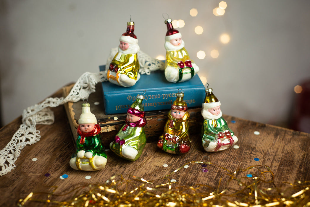 Vintage Sledding Boy Glass Ornament, Retro Christmas Tree