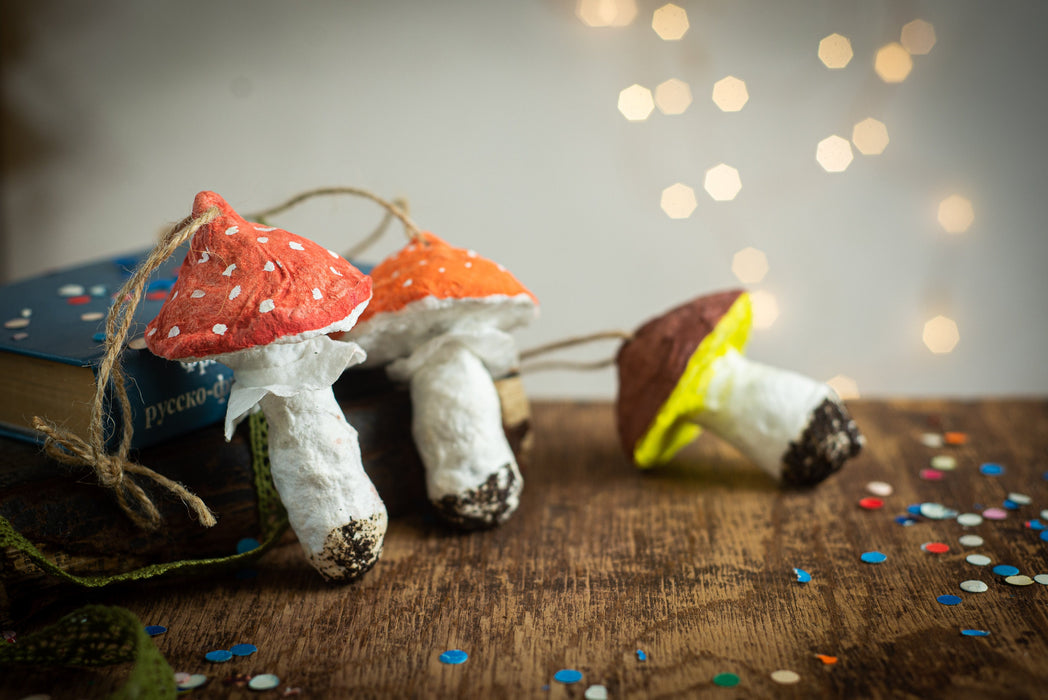 Spun Cotton Mushroom Ornaments, Handmade Fly Agaric