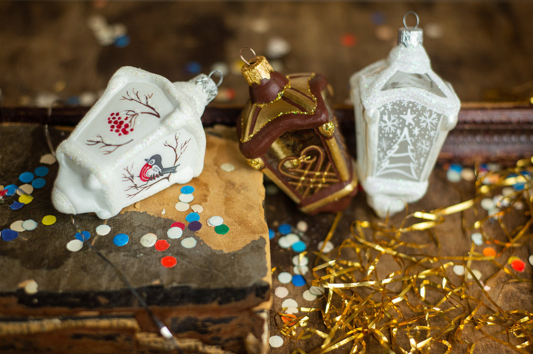 Vintage Glass Lantern Ornament, Hand Painted Christmas