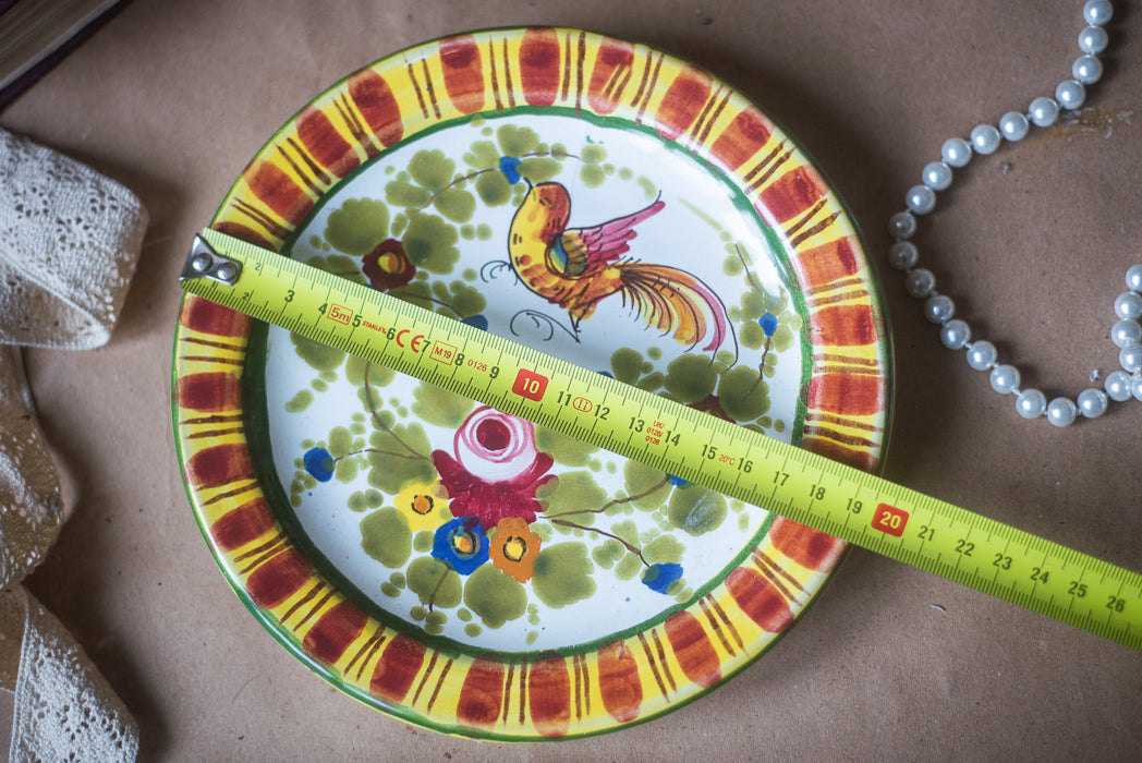 Rustic hand painted ceramic plate with flower and bird ornament, vintage, Germany
