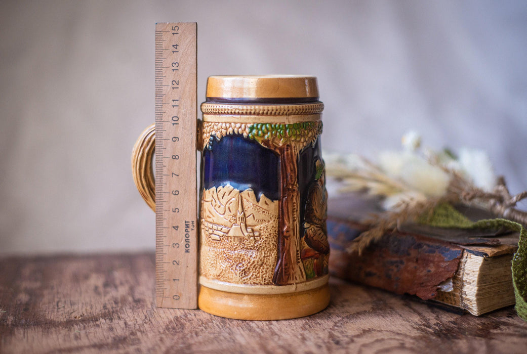 Vintage Ceramic Beer Mug German Folk Relief Stein Oktoberfest Barware