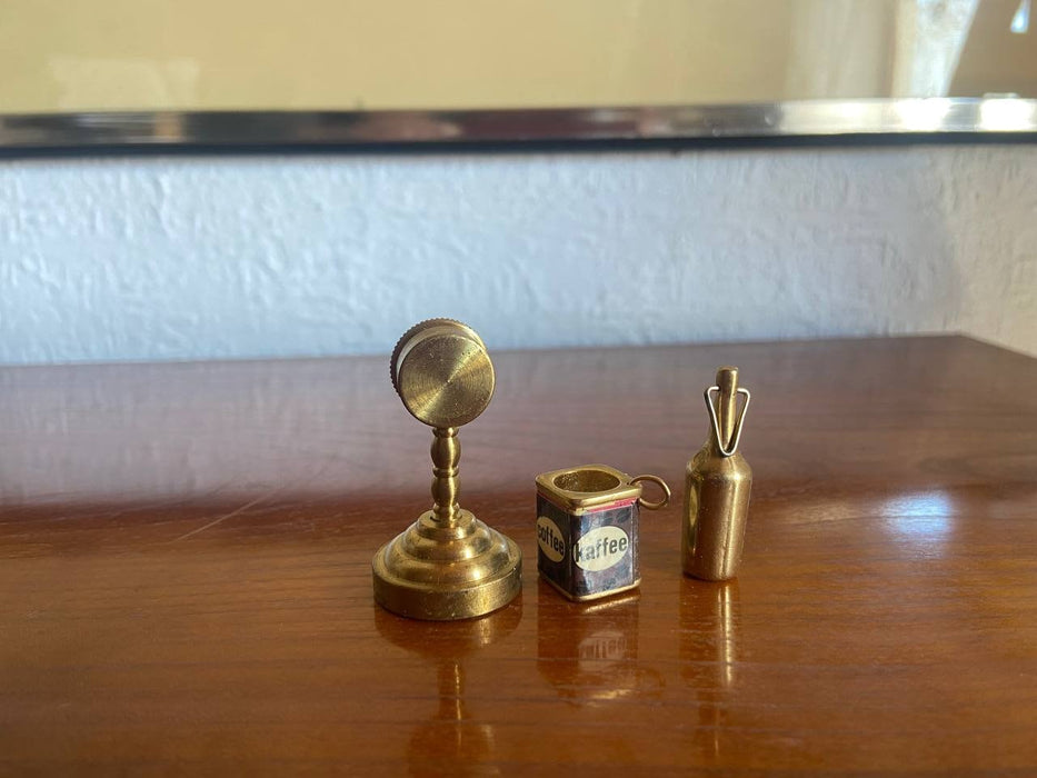 Vintage Brass Kitchen Miniature Set, Dollhouse Clock Coffee Tin and Bottle