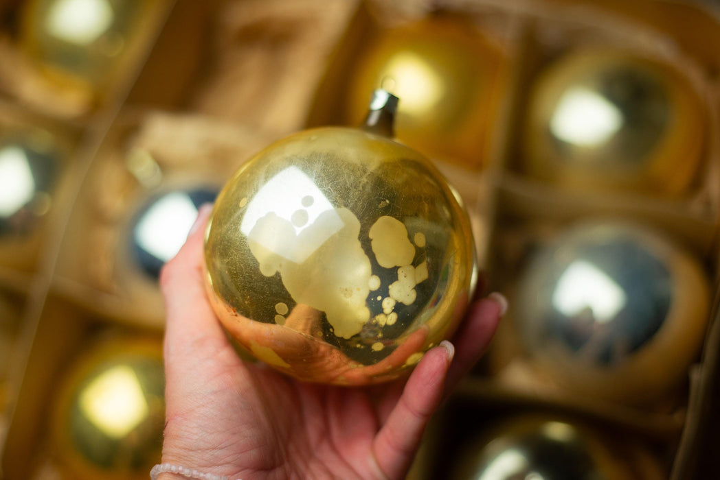 Vintage Silver Gold Glass Christmas Ball Ornaments Set of 12, Soviet Box