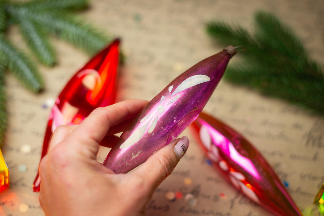 Pink Indent Glass Icicle Ornaments, Vintage Set of 3