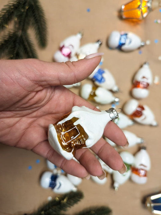Vintage Glass House Christmas Ornament, Snowy Cottage