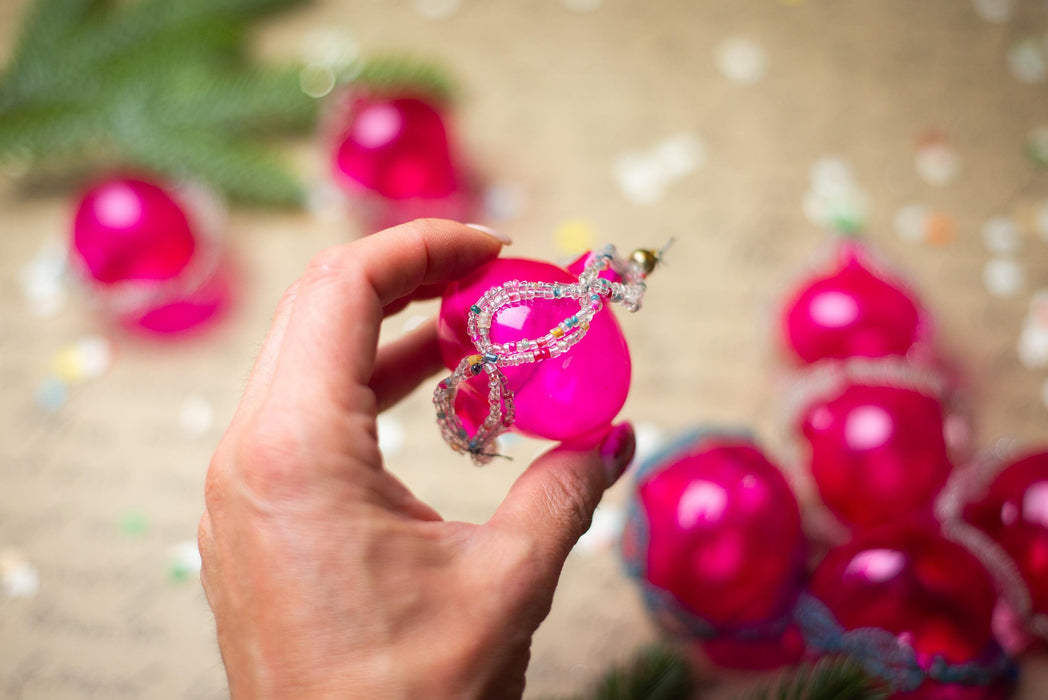 Vintage Pink Beaded Glass Ornaments – Set of 8