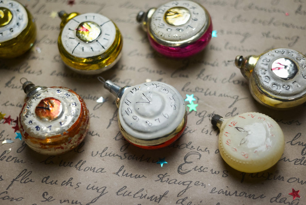 Vintage Clock Christmas Ornament, Mid Century Glass Tree