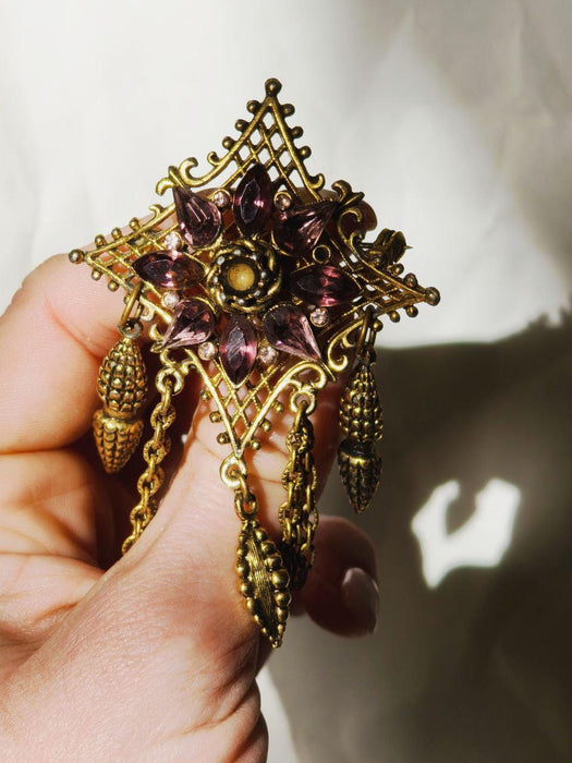 Vintage Purple Crystal Brooch, Ornate Brass Statement Pin Art Deco Style