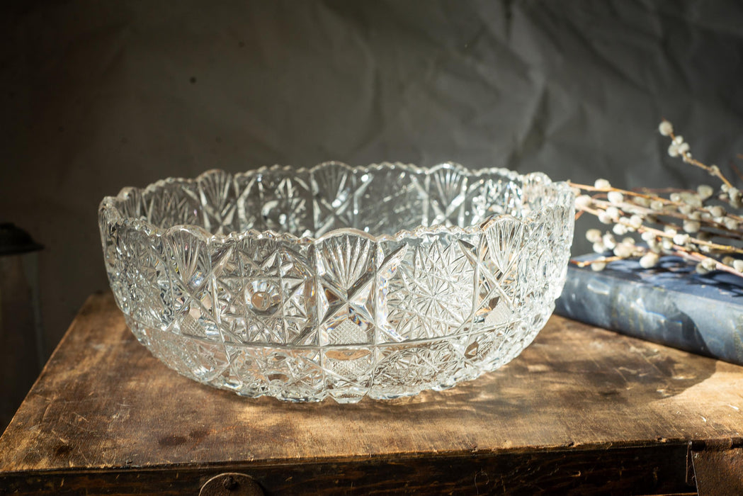 Vintage Cut Crystal Bowl, 1970s Clear Crystal Centerpiece