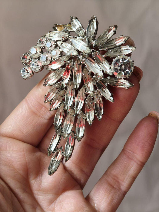 Vintage Rhinestone Brooch 1970s, Silver Tone Statement Pin with Clear Crystals