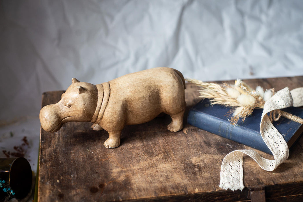 Wooden Hippo Figurine, Vintage Hand-Carved Solid Wood, 11x4.9 In