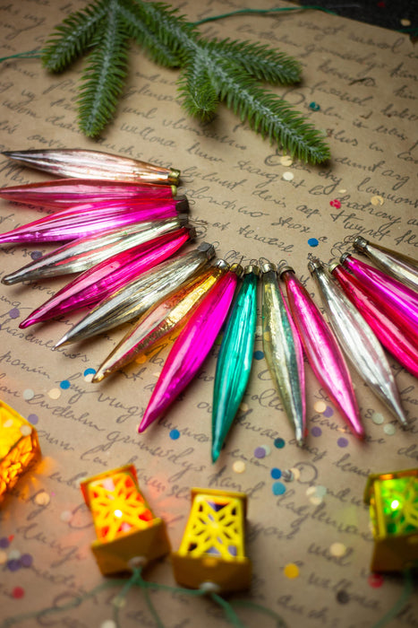 Long Vintage Glass Icicle Ornaments, Pink & Silver – 1950s