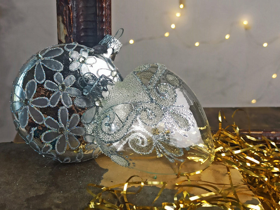 Hand-Blown Glass Christmas Ornament Set, Frosted Hearts
