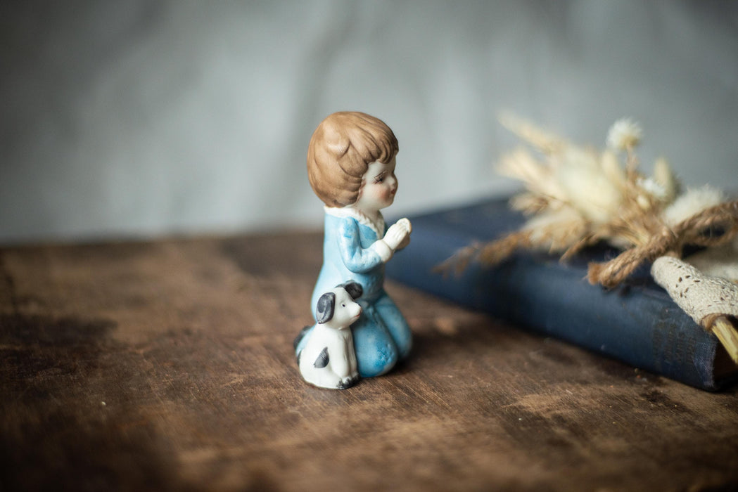 Vintage Bisque Porcelain Figurine, Praying Boy With Puppy, Germany