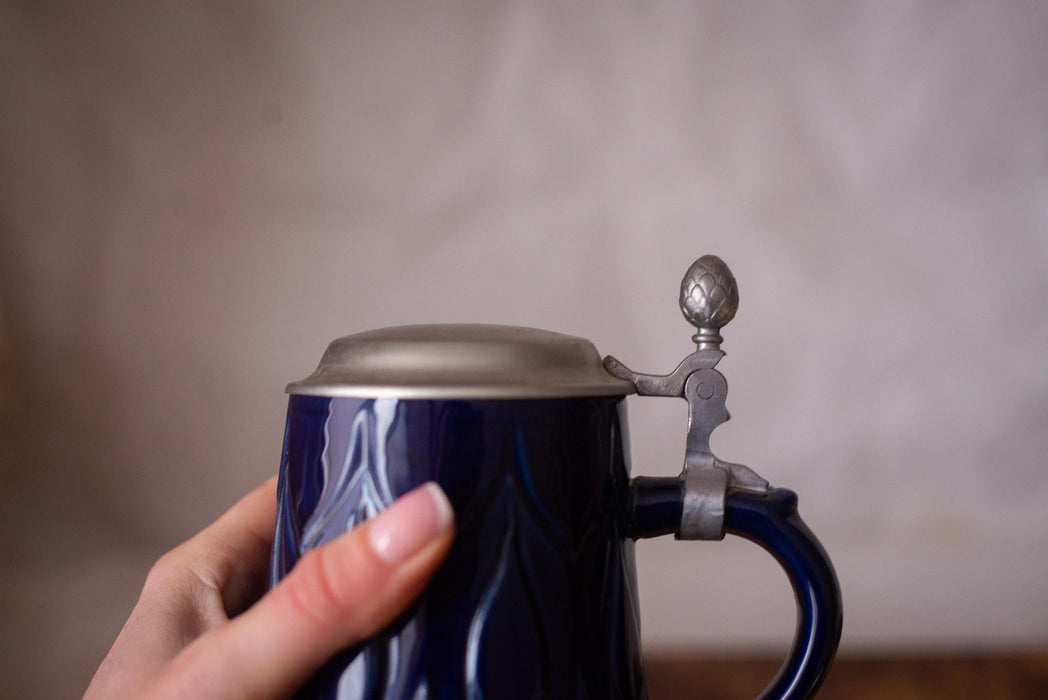 Vintage Cobalt Blue Beer Stein Bavarian Ceramic Mug with Lid