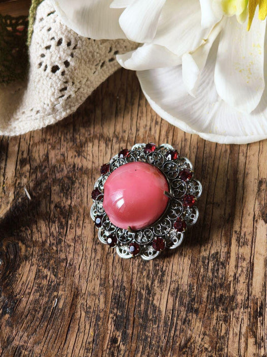 Vintage Pink Glass Brooch 1970s, Filigree Rhinestone Statement Pin
