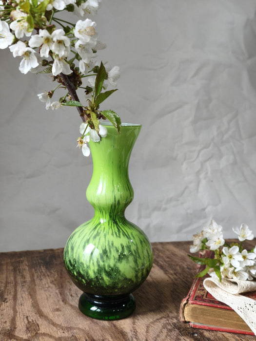 Green Glass Vase Murano Style, Mid Century Retro Aesthetic Decor