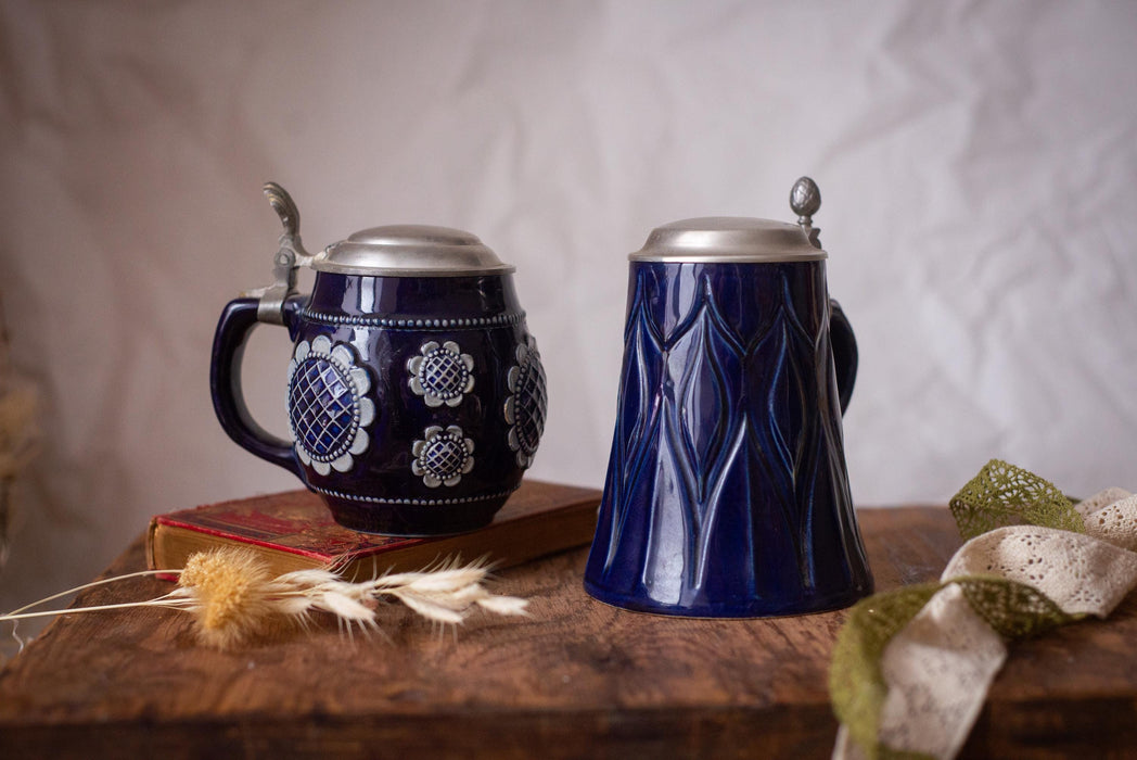 Vintage Cobalt Blue Beer Stein Bavarian Ceramic Mug with Lid