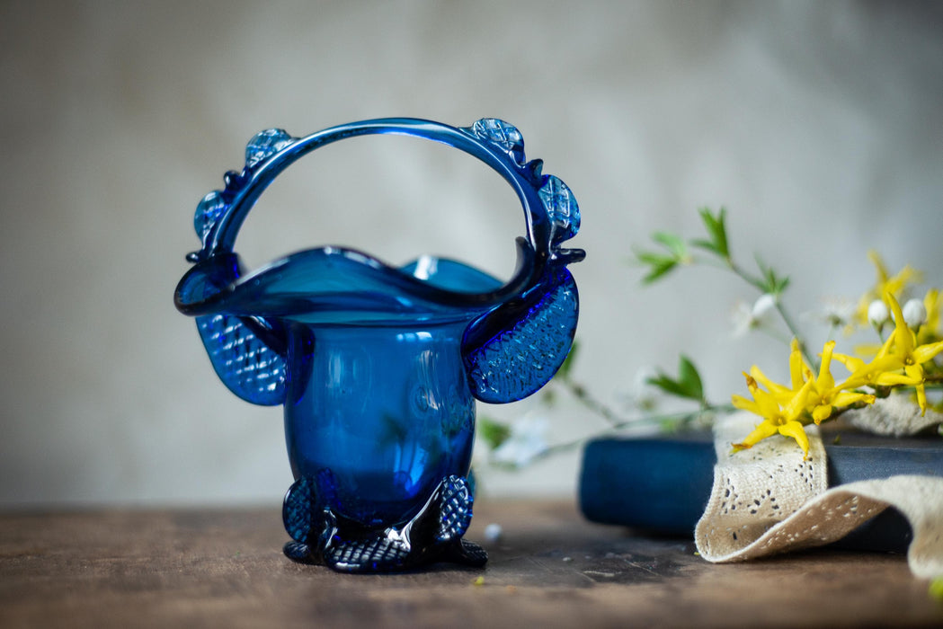 Cobalt Blue Glass Basket, Vintage Murano-Style Candy Dish