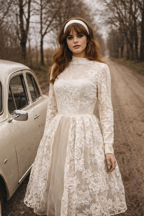 1950s Vintage Wedding Dress – Ivory Lace Tulle Tea Length Gown With Long Sleeves