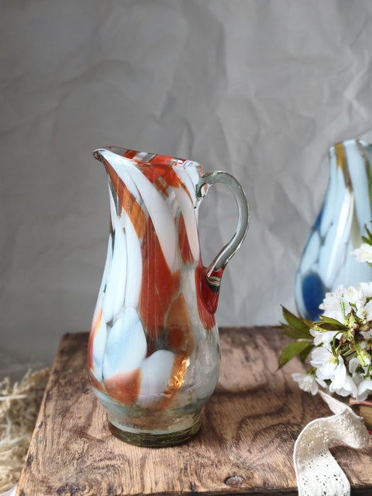 Murano Style Glass Pitcher, Hand-Blown 1970s Colorful Jug Vase In