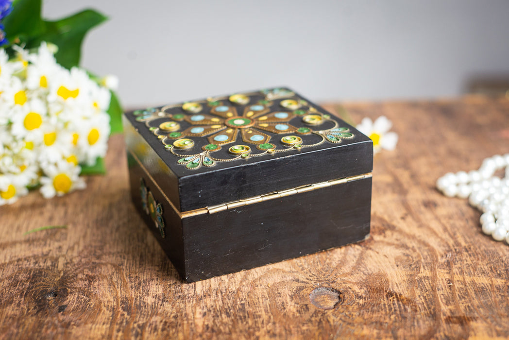 Vintage Wooden Trinket Box with Floral Enamel and Brass Inlay Jewelry Storage